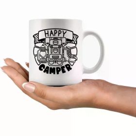 1pc 11oz Happy Camper Ceramic Coffee Mug â€“ White Camping-Themed Design with Black Graphics, Perfect Gift for
