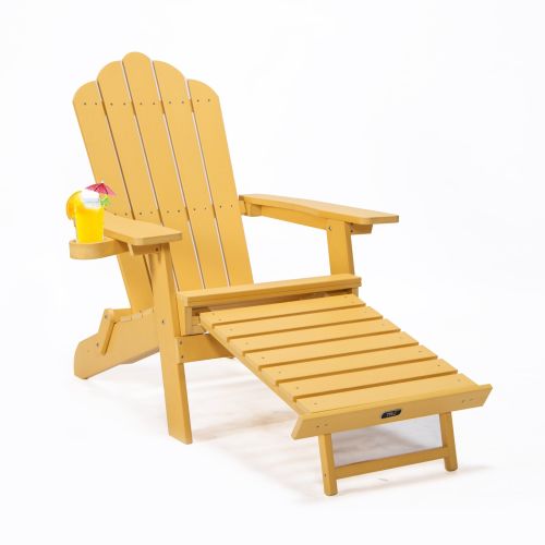 TALE Folding Adirondack Chair With Pullout Ottoman With Cup Holder, Oaversized, Poly Lumber,  For Patio Deck Garden, Backyard Furniture, Easy To Insta