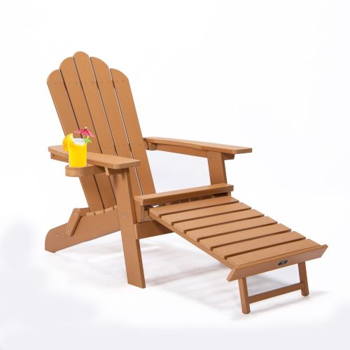 TALE Folding Adirondack Chair With Pullout Ottoman With Cup Holder, Oaversized, Poly Lumber,  For Patio Deck Garden, Backyard Furniture, Easy To Insta