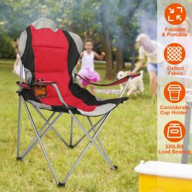 sFoldable Camping Chair Heavy Duty Steel Lawn Chair Padded Seat Arm Back Beach Chair 330LBS Max Load with Cup Holder Carry Bag (Color: Red)